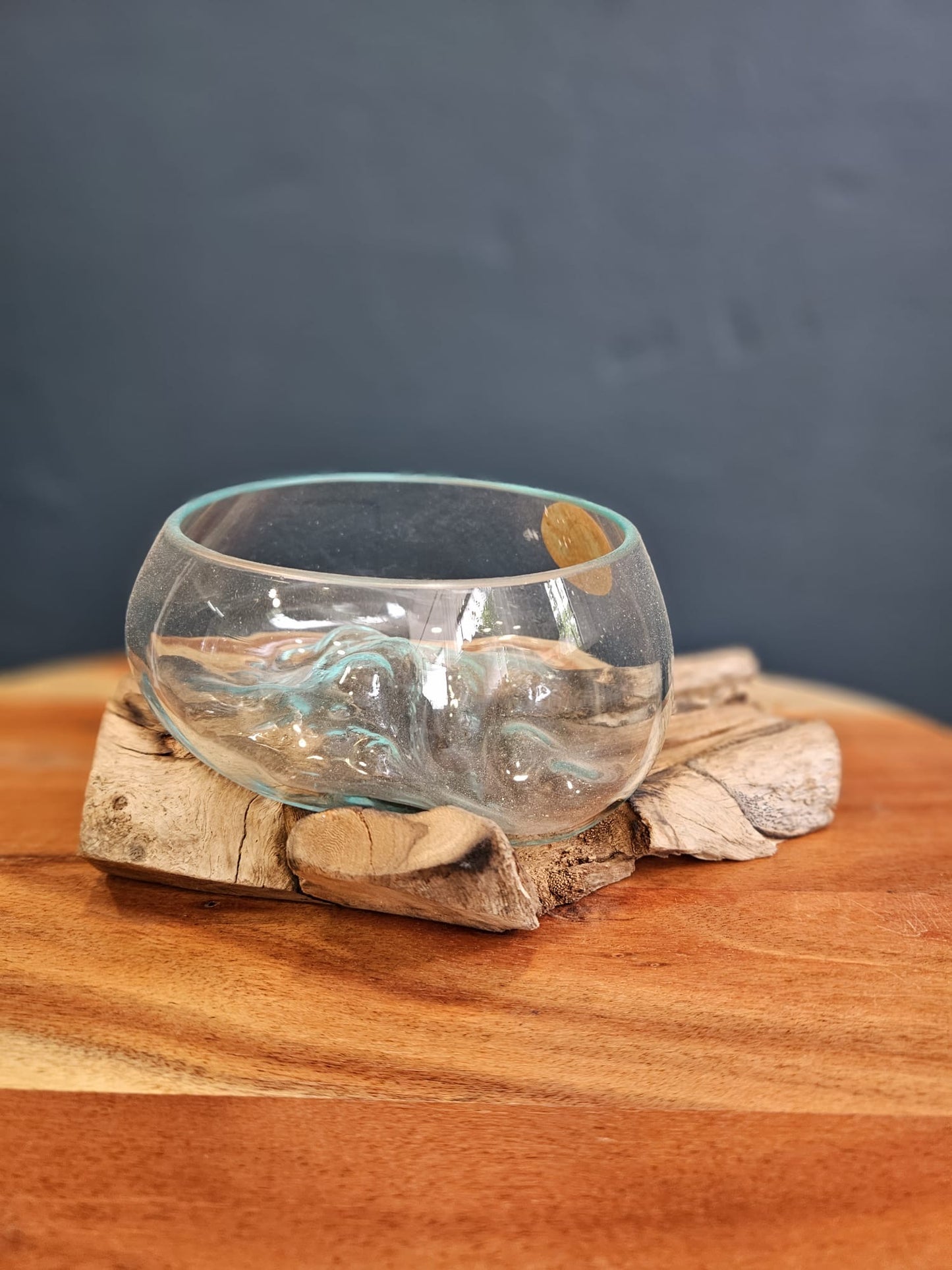 Molten Glass Bowl With Teak Root Wood Stand 20cm