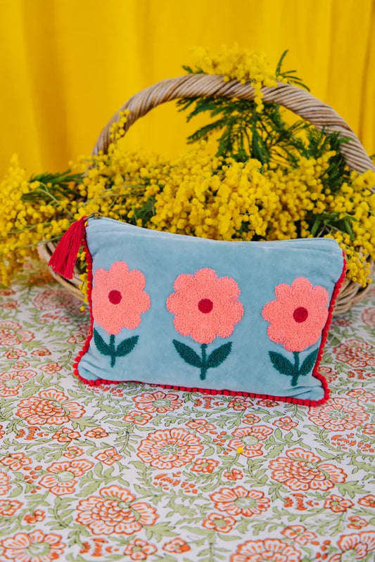 Velvet Triple Flower Pouch - Pink & Aqua