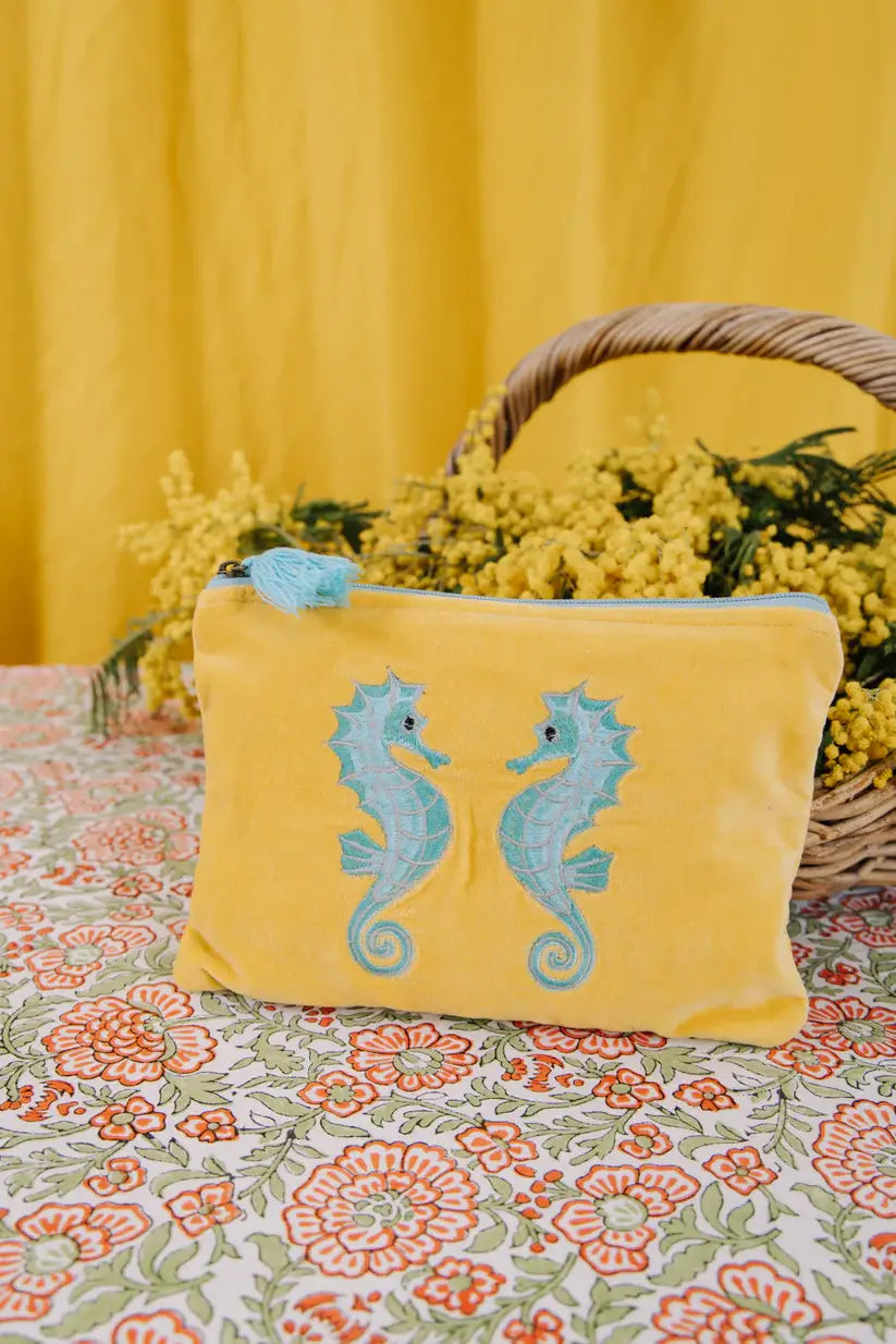 Velvet Seahorse Pouch - Yellow & Turquoise