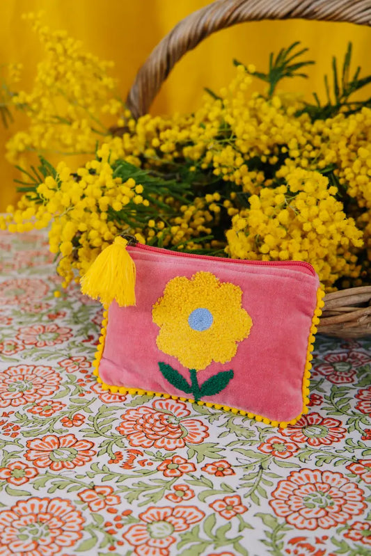 Velvet Single Flower Pouch - Pink & Yellow