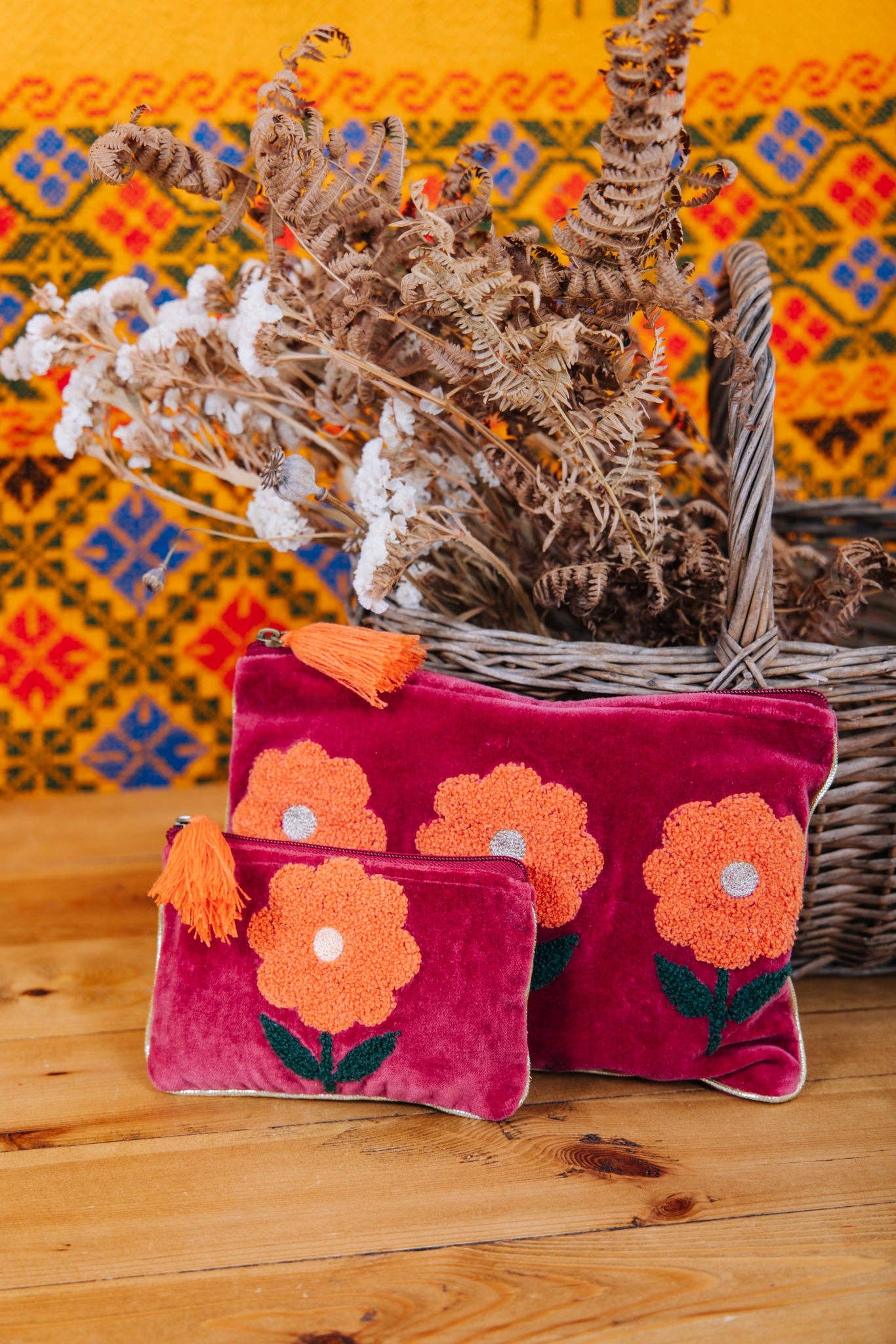 Velvet Triple Flower Pouch in Burgundy