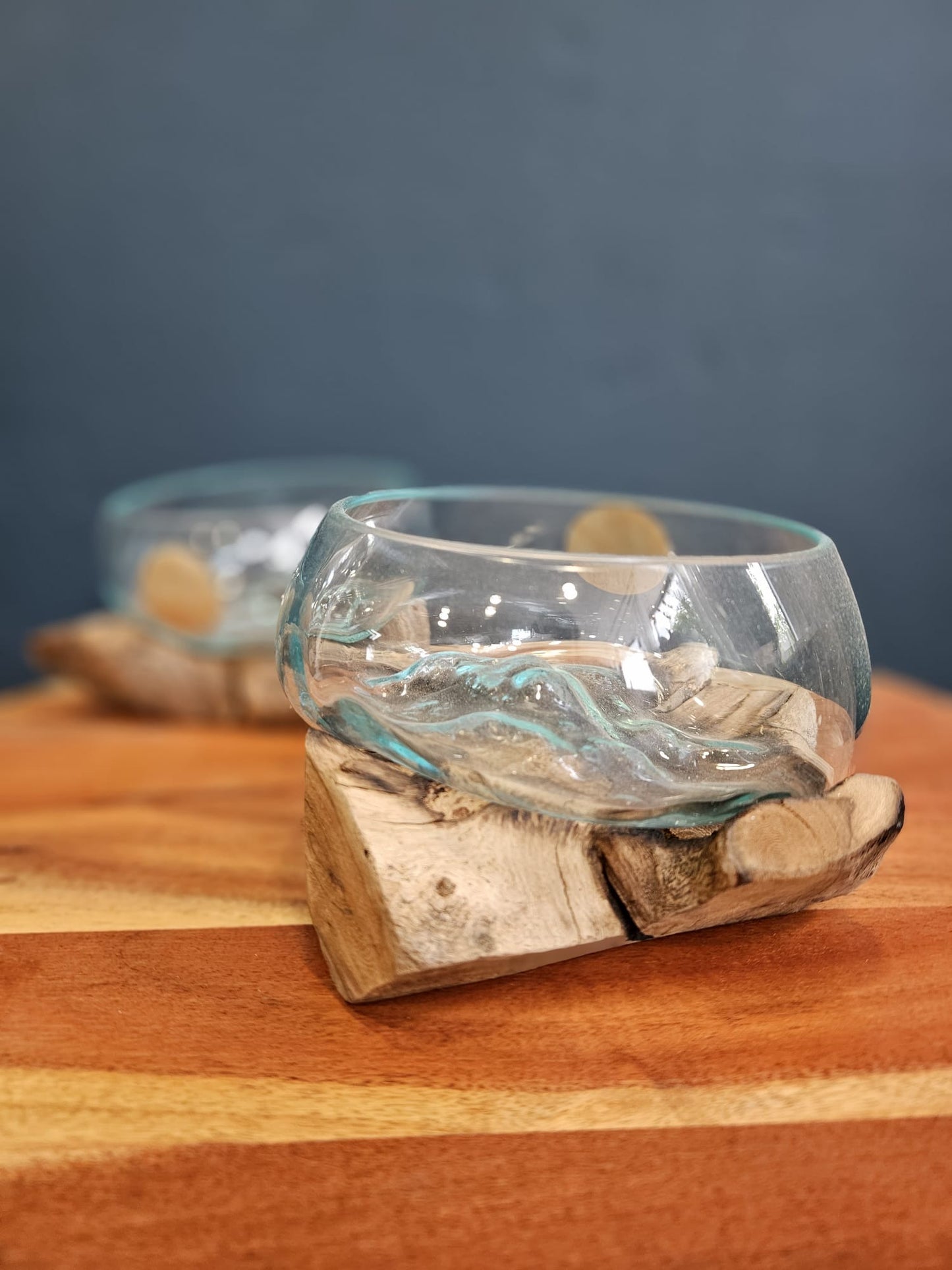 Molten Glass Bowl With Teak Root Wood Stand 20cm