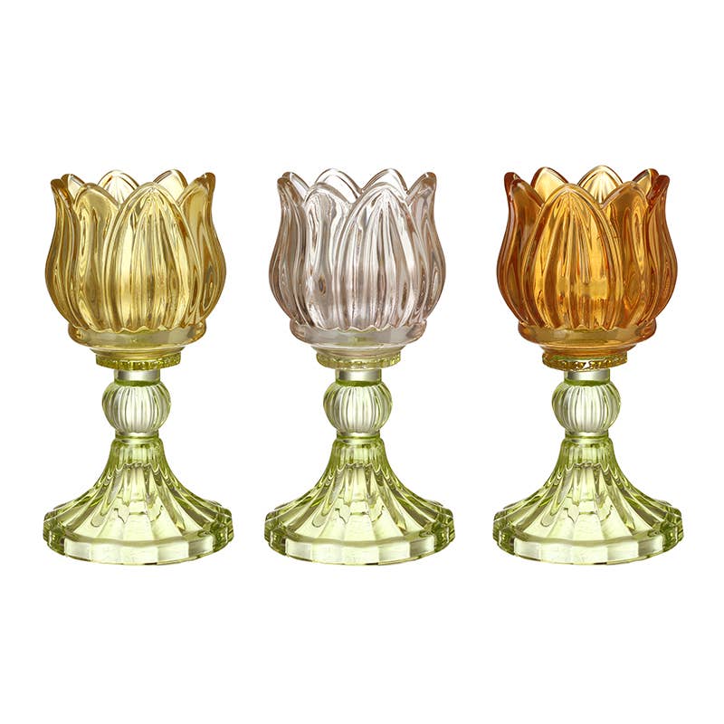 GLASS TULIP FLOWER T-LIGHT HOLDERS MIX 3
