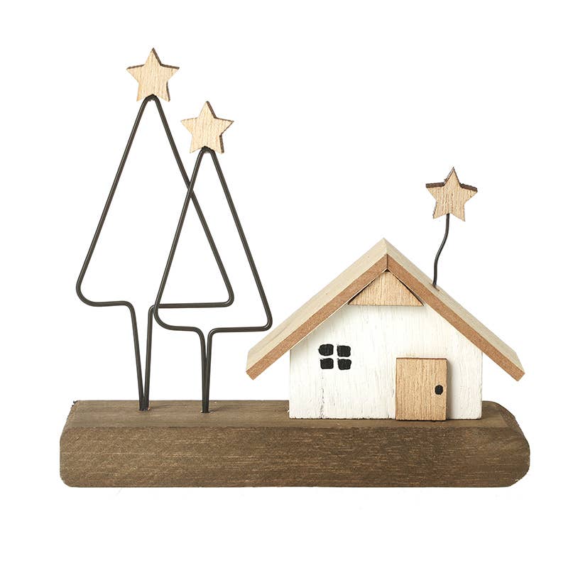 WOODEN HOUSE ON BLOCK WITH TREES & STARS – Emily Charlotte Furniture
