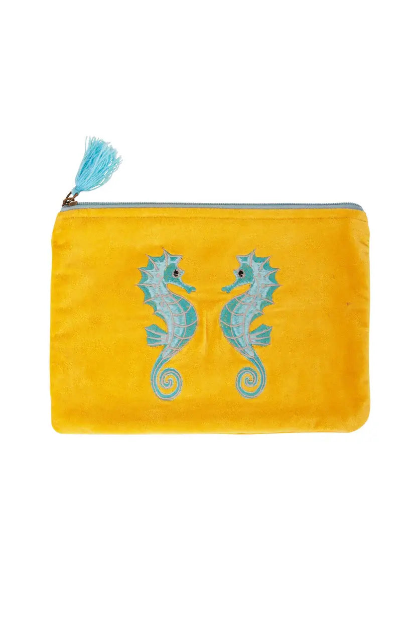 Velvet Seahorse Pouch - Yellow & Turquoise