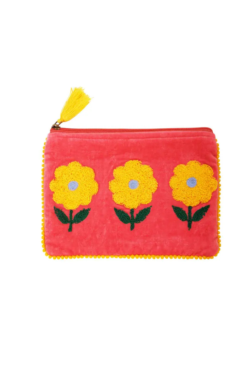 Velvet Triple Flower Pouch - Pink & Yellow