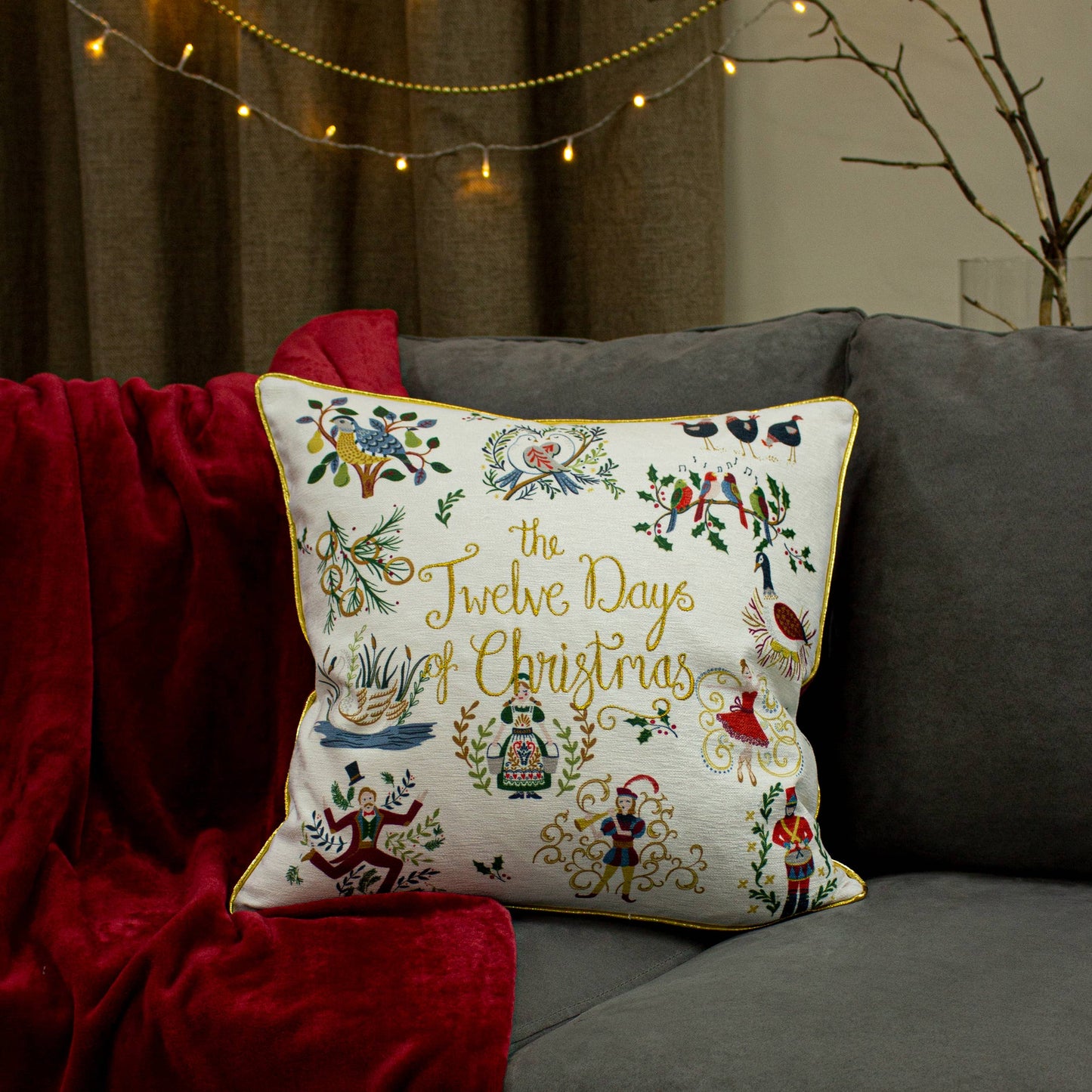 12 Days of Xmas Embroidered Cushion Gold