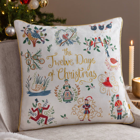12 Days of Xmas Embroidered Cushion Gold