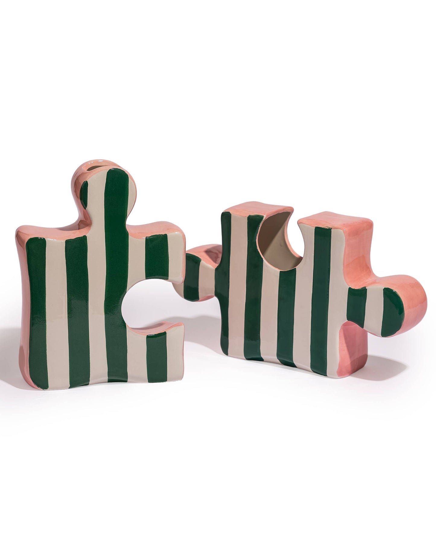 Green/White & Pink Ceramic Jigsaw Piece Vases