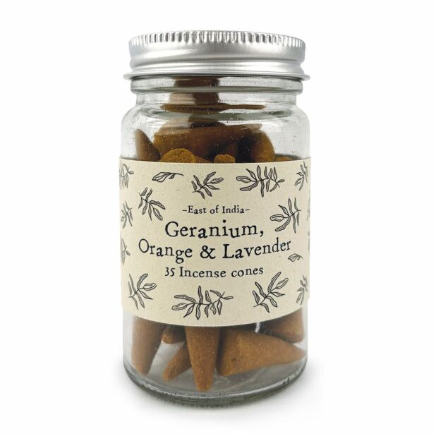 East of India Geranium, Orange & Lavender Jar of Incense Cones