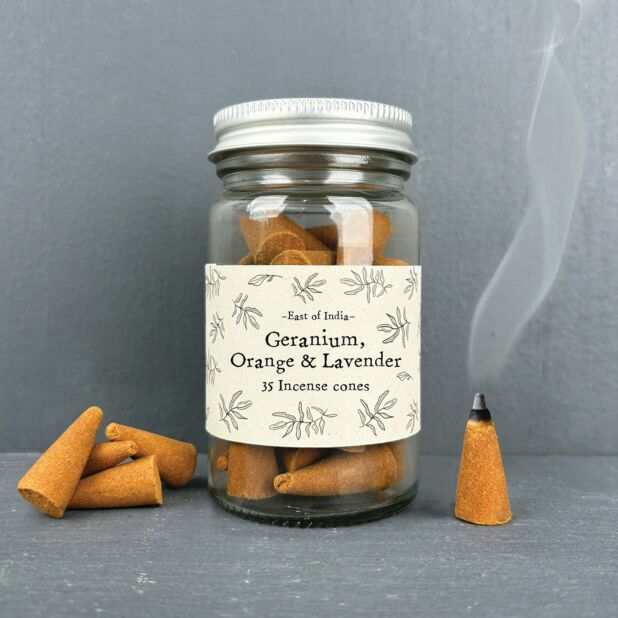 East of India Geranium, Orange & Lavender Jar of Incense Cones