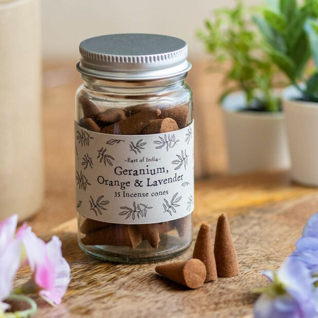 East of India Geranium, Orange & Lavender Jar of Incense Cones