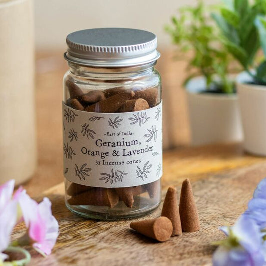 East of India Geranium, Orange & Lavender Jar of Incense Cones