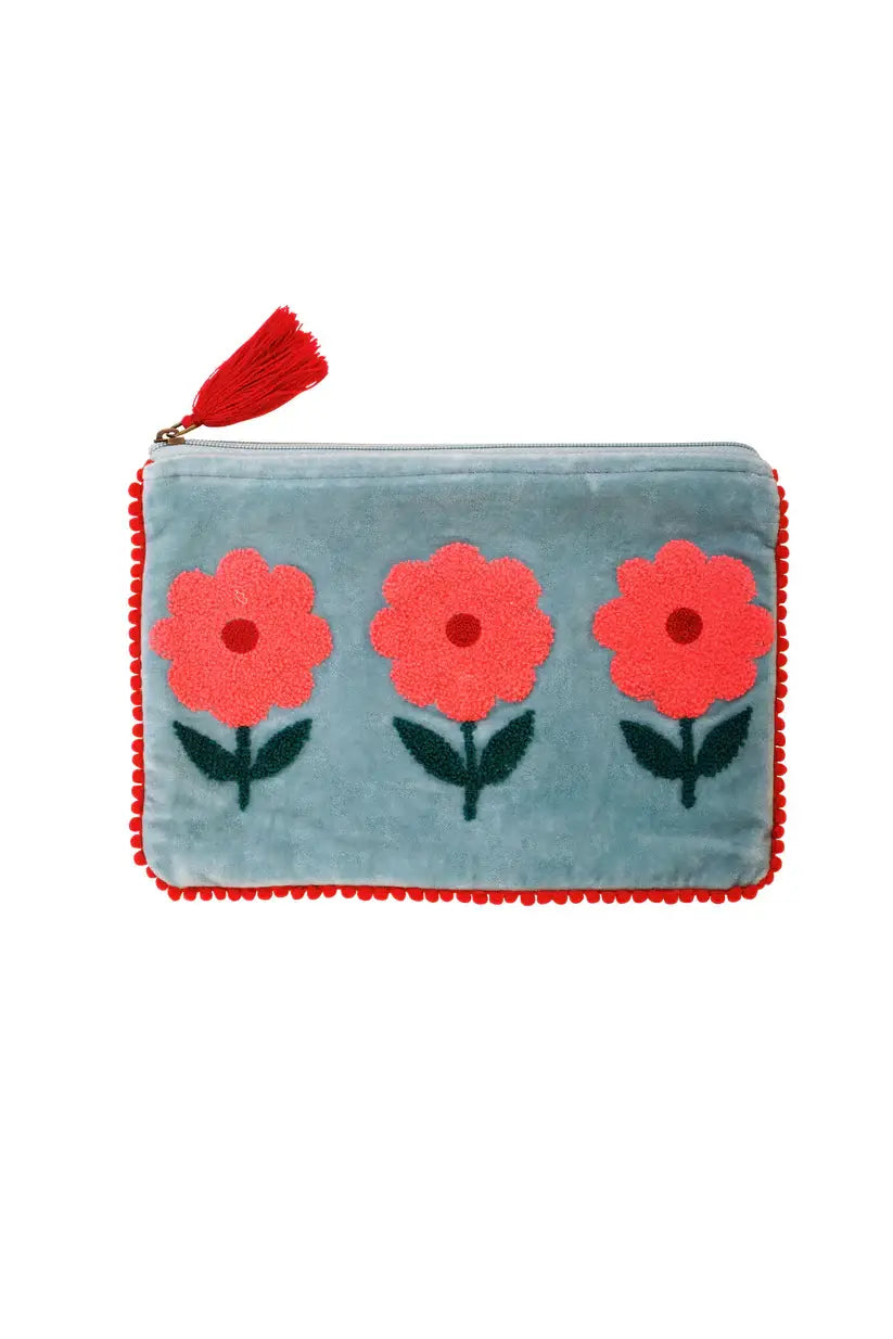 Velvet Triple Flower Pouch - Pink & Aqua
