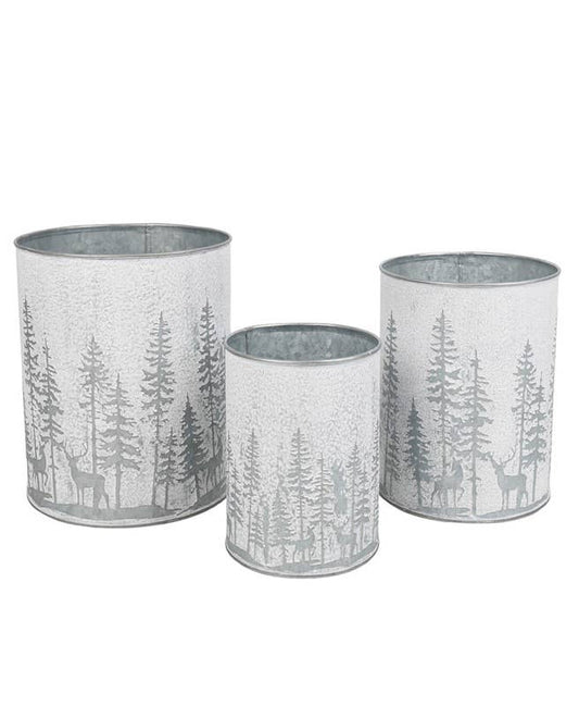 SNOWY SCENE METAL POTS SET OF 3