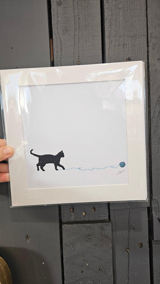 Cat 'Go fetch...' 9x9 inch mounted print