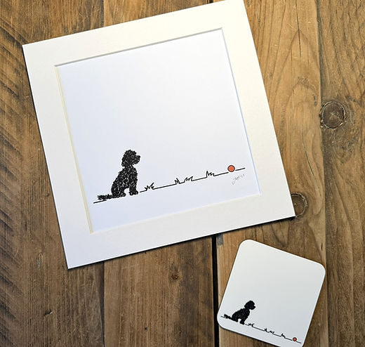 Cockapoo/ Cavapoo 'Go fetch...' 9x9 inch mounted print