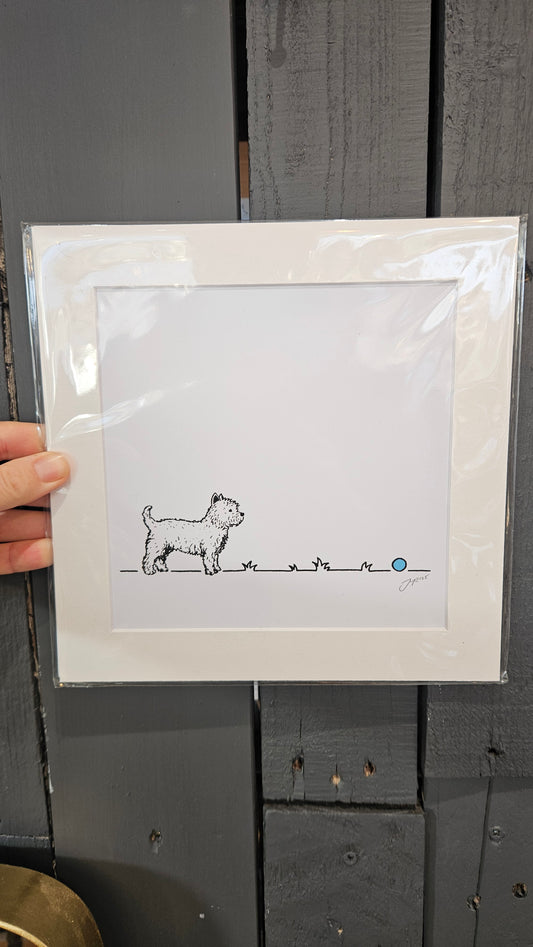 Westie / Terrier 'Go fetch...' 9x9 inch mounted print