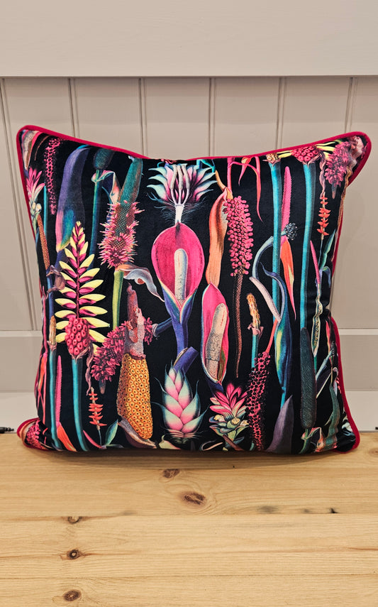 Vibrant Tropical Flora Cushion - black & purple