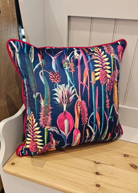 Vibrant Tropical Flora Cushion - blue & purple