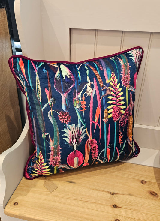 Vibrant Tropical Flora Cushion - blue & orange