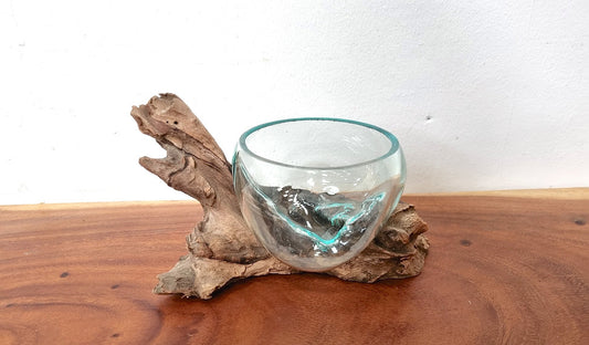 20cm Hand Blown Flat Glass Bowl on Teak Root