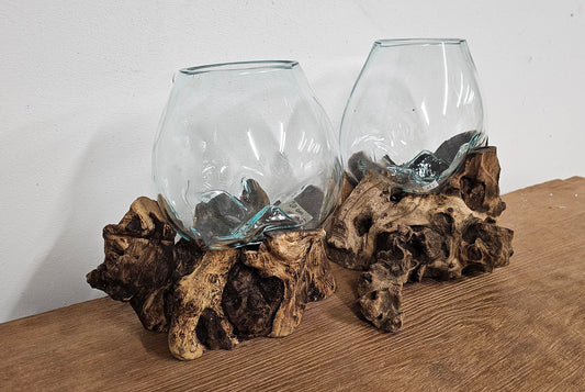 20cm Hand Blown Glass Bowl on Teak Root