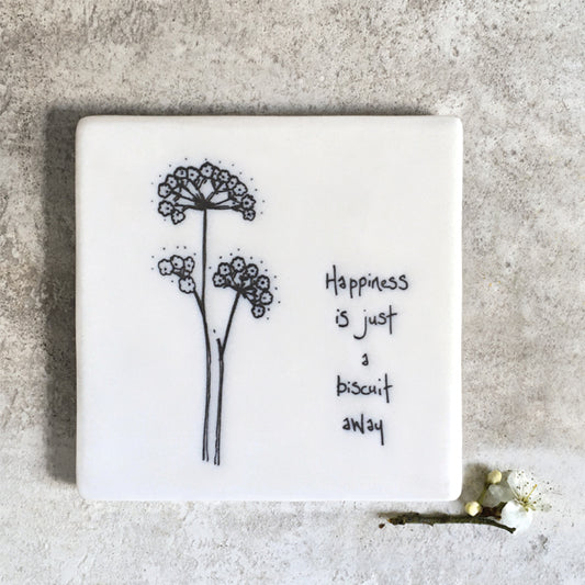 Porcelain Floral Coaster-Happiness is just a biscuit away’.