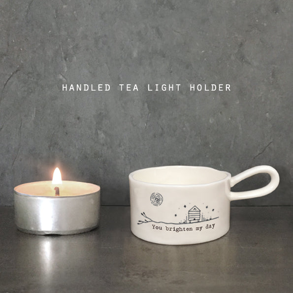 Porcelain tea light holder with handle -You brighten my day