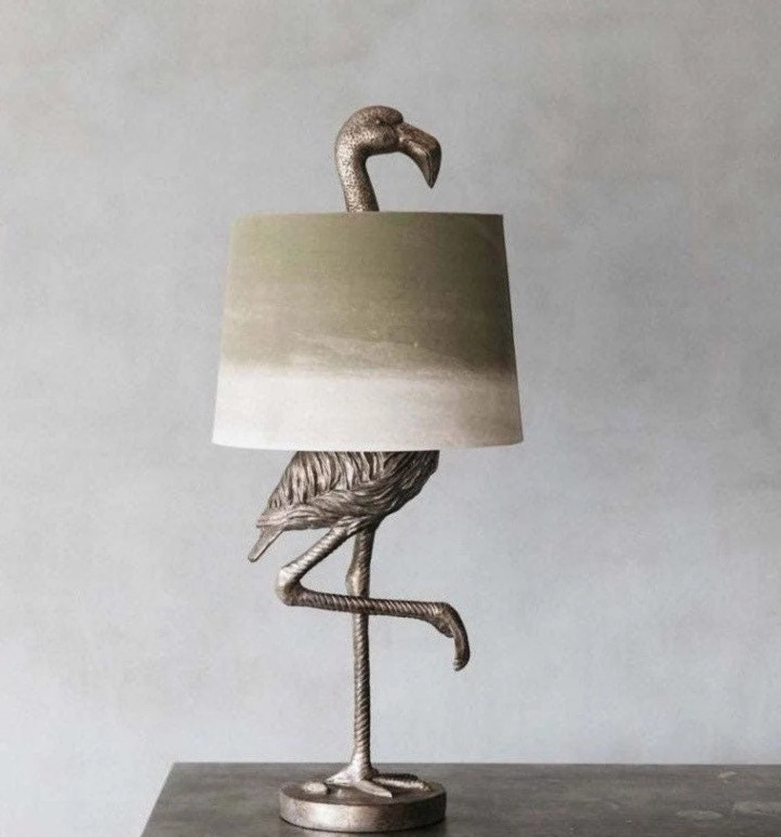 Silver Flamingo Lamp with Sage Shade